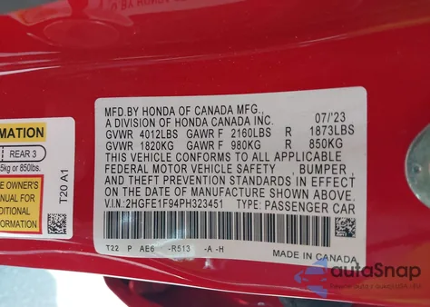 2023 Honda Civic Touring z USA, uszkodzony, nr VIN 2HGFE1F94PH323451